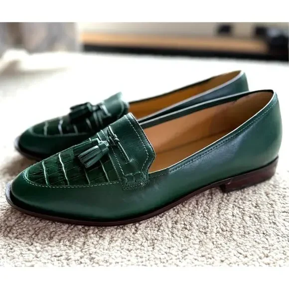 Talbots Leighton 8.5 Emerald Green Leather Tassel Loafers Classic Preppy Flats - Picture 5 of 10